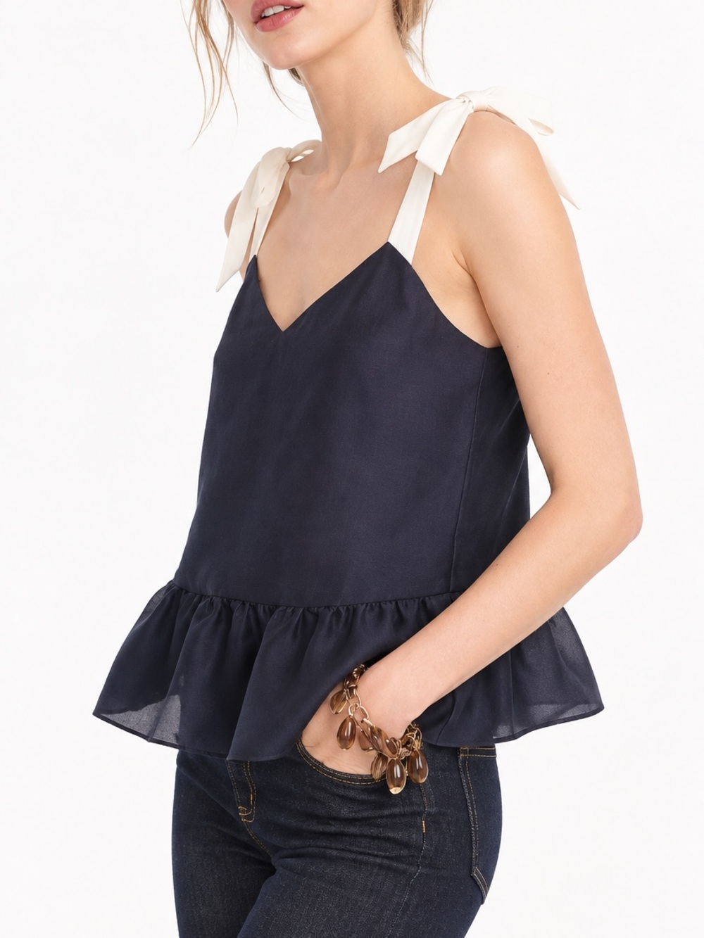 J Crew 100% Silk Navy Ruffle Hem Top with Tie Straps